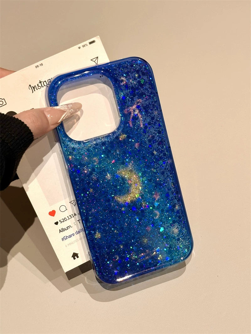 Transparent Blue Sequined Star Bow Glitter Aesthetic Phone Case Suitable for iPhone16 iPhone15 iPhone14 iPhone13