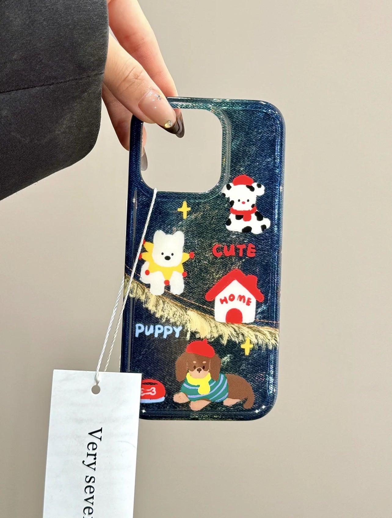 All-inclusive Double-layer Korean Denim Blue Small House Dog Cute Aesthetic Mobile Phone Case Suitable for iPhone16 iPhone15 iPhone14 iPhone13 with Phone Chain Pendant