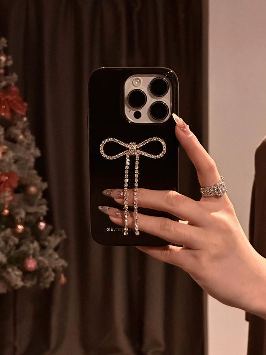 Premium Three-dimensional Flash Diamond Fringed Bow Black Phone Case Suitable for iPhone16 iPhone15 iPhone14 iPhone13