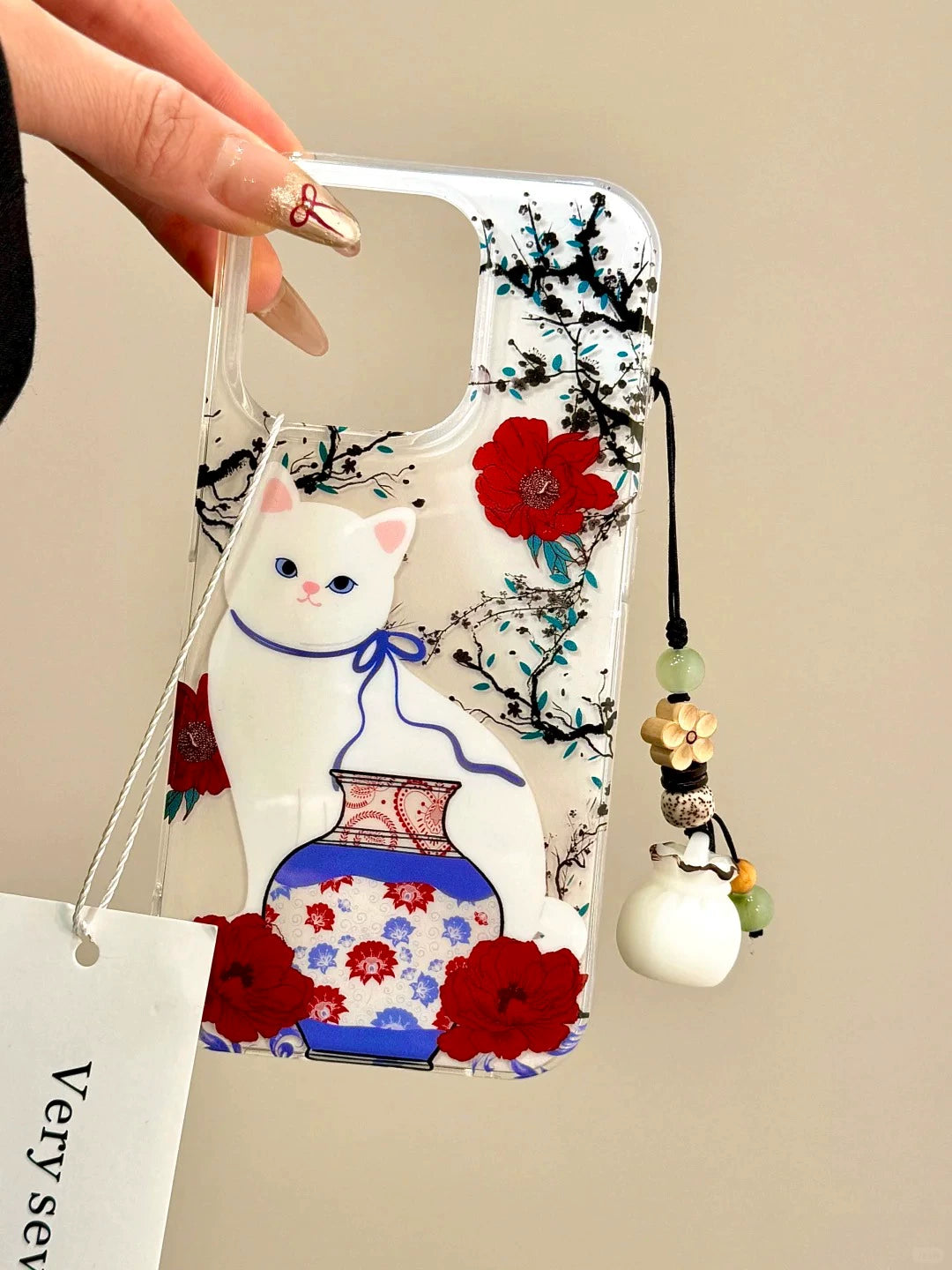 Red Flower Porcelain Vase Cat Money Bag Pendant Cute Aesthetic Phone Case Suitable for iPhone16 iPhone15 iPhone14 iPhone13