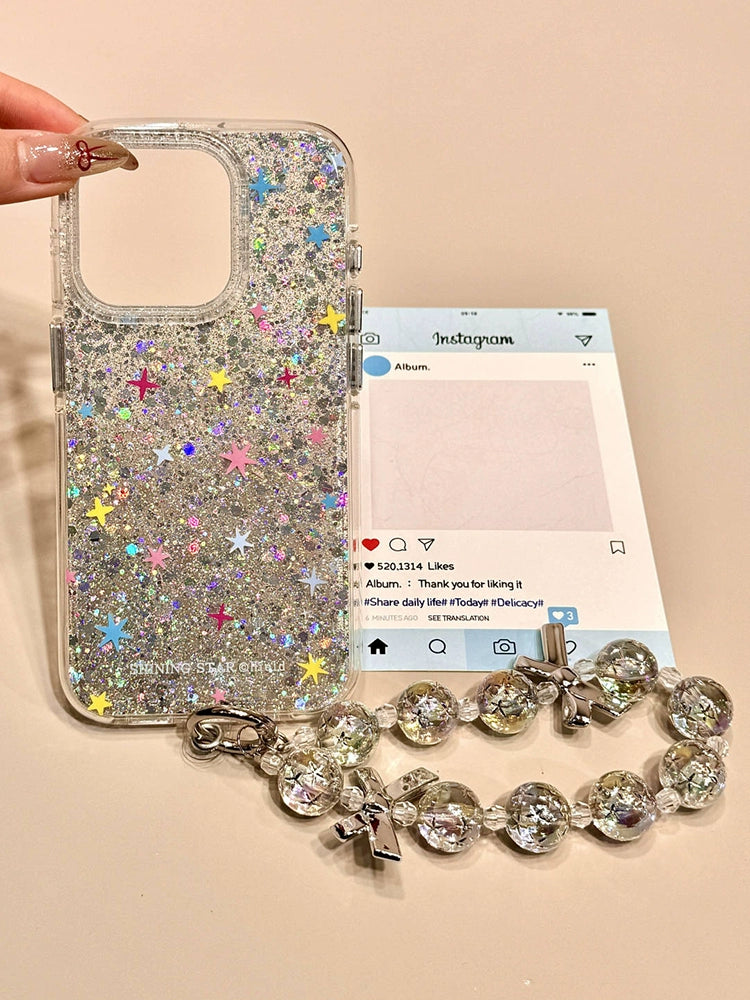 Sequin Double-layer Colored Star Bead Chain Cute Aesthetic Mobile Phone Case Suitable for iPhone16 iPhone15 iPhone14 iPhone13