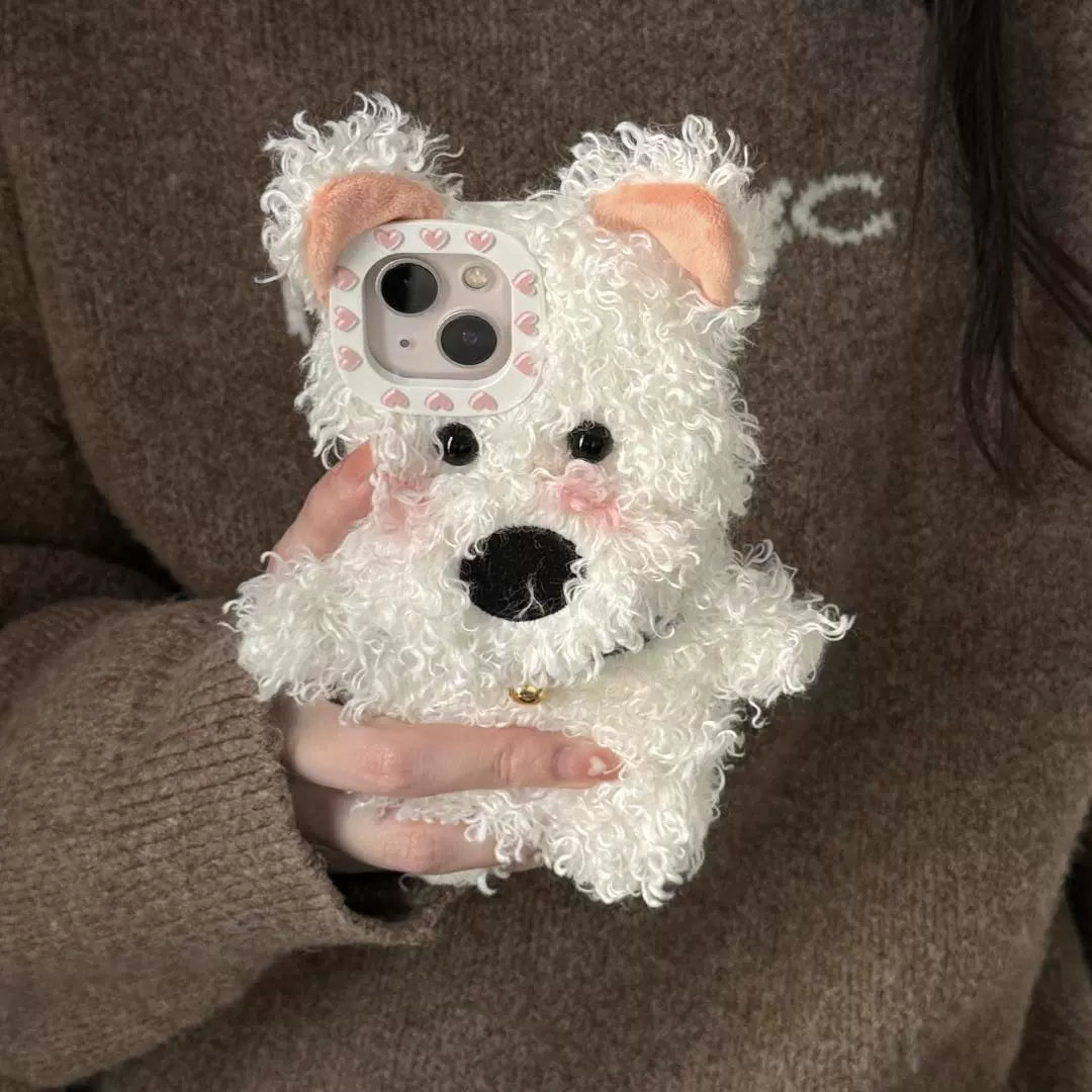 Cartoon Fluffy White Puppy Three-dimensional Cute Phone Case Suitable for iPhone16 iPhone15 iPhone14 iPhone13