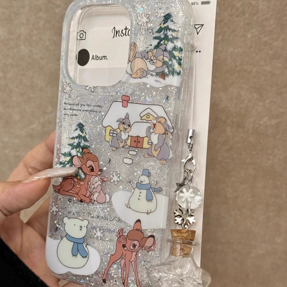 Winter Rabbit and Deer Snowman Snowflake Pine Glitter Aesthetics Cute Mobile Phone Case with Mobile Phone Chain Pendant Suitable for iPhone16 iPhone15 iPhone14 iPhone13