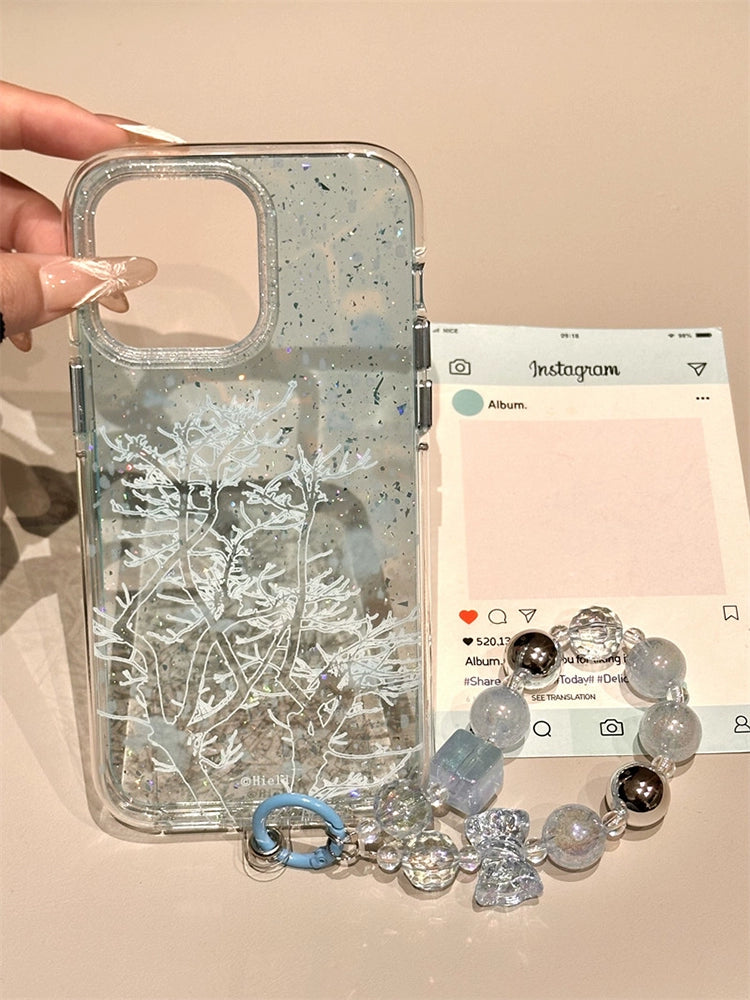 Gradual Change Blue Glitter Lines Small Tree Aesthetics Mobile Phone Case with Mobile Phone Chain Pendant Suitable for iPhone16 iPhone15 iPhone14 iPhone13