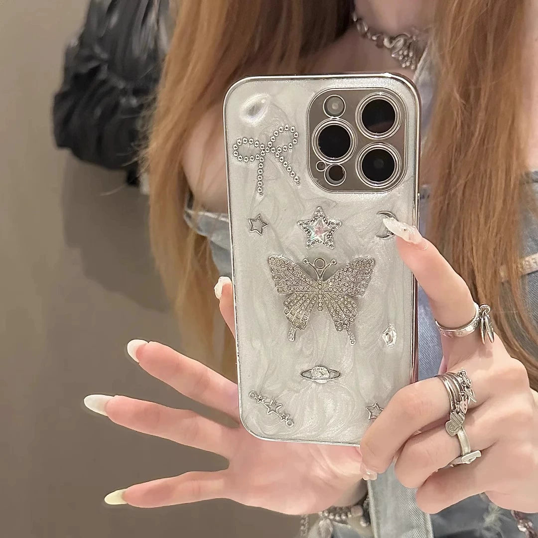 Electroplated Diamond-encrusted Butterfly Star Cat Mirror Silver Aesthetic Phone Case Suitable for iPhone16 iPhone15 iPhone14 iPhone13