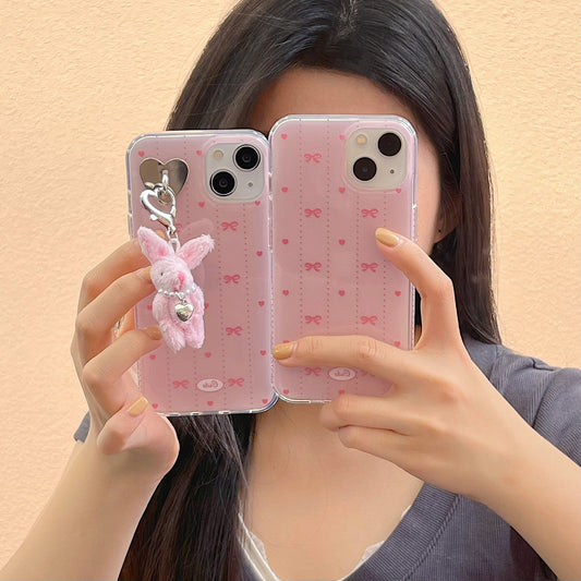 Double-layer Printed Striped Bow Fan Rabbit Pendant Aesthetic Mobile Phone Case Coquette Phone Case Suitable for iPhone16 iPhone15 iPhone14 iPhone13