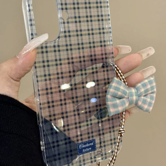 Blue Plaid Bow Translucent Clean Girl Aesthetic Mobile Phone Case with Mobile Phone Chain Pendant Suitable for iPhone16 iPhone15 iPhone14 iPhone13