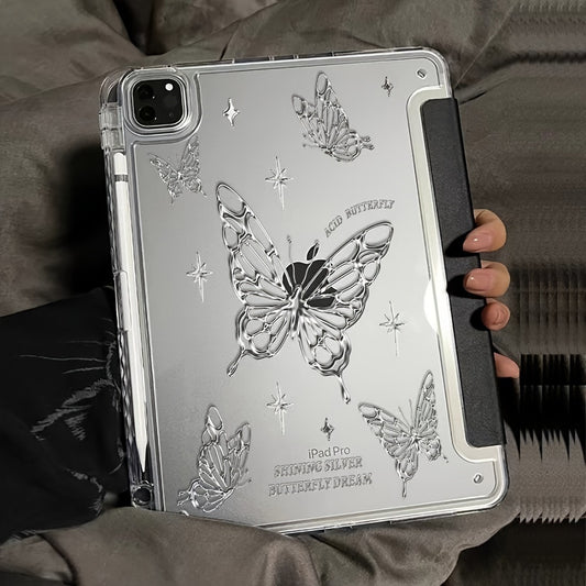 Transparent Silver Butterfly Triple Fold Stand Tablet Case IPad Pro11 2024/10th/10.2/10 9/9.7