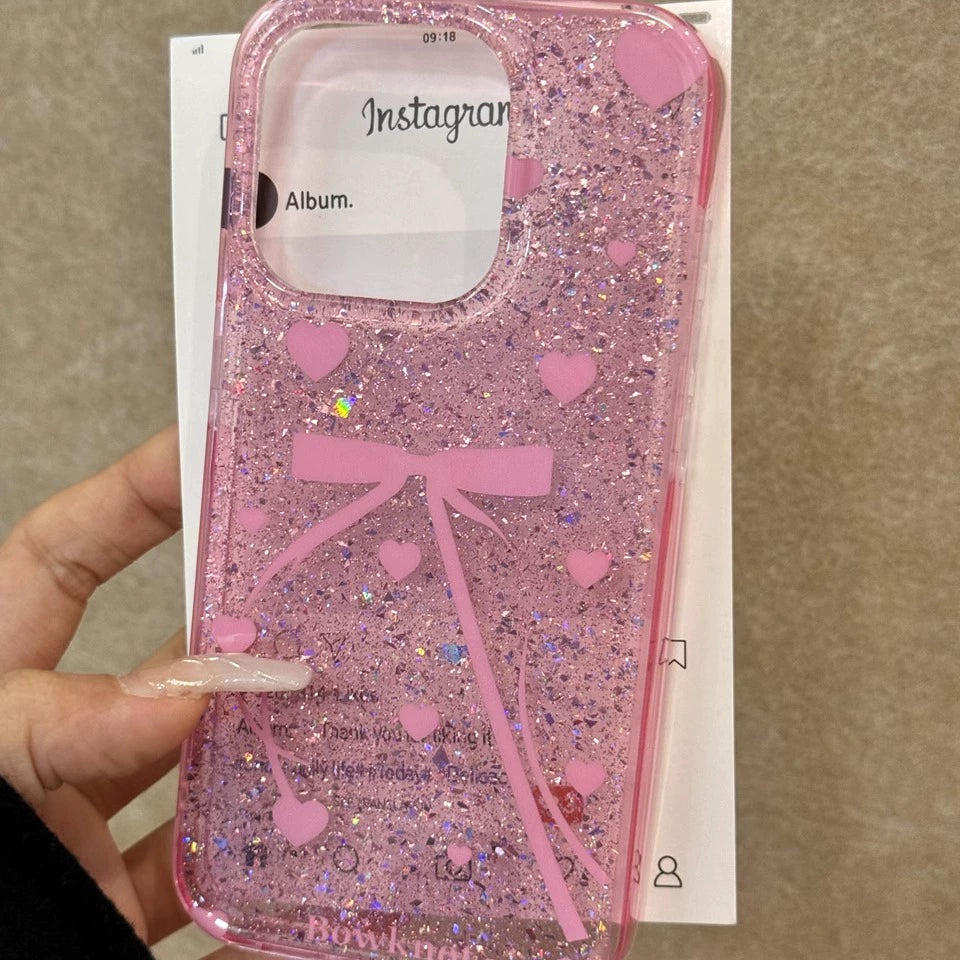 Girl Pink Translucent Bow Love Glitter Aesthetic Mobile Phone Case Coquette Suitable for iPhone16 iPhone15 iPhone14 iPhone13