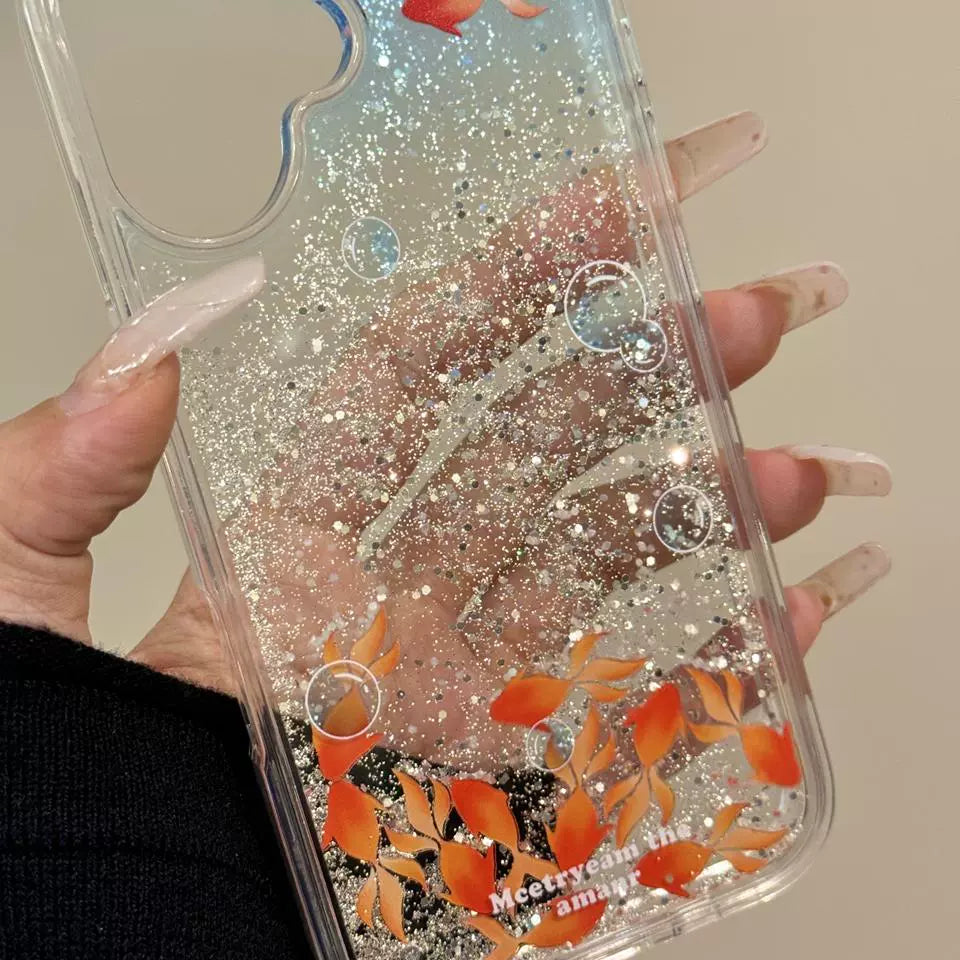 Transparent Quicksand Small Koi Flowable Aesthetic Mobile Phone Case Suitable for iPhone16 iPhone15 iPhone14 iPhone13