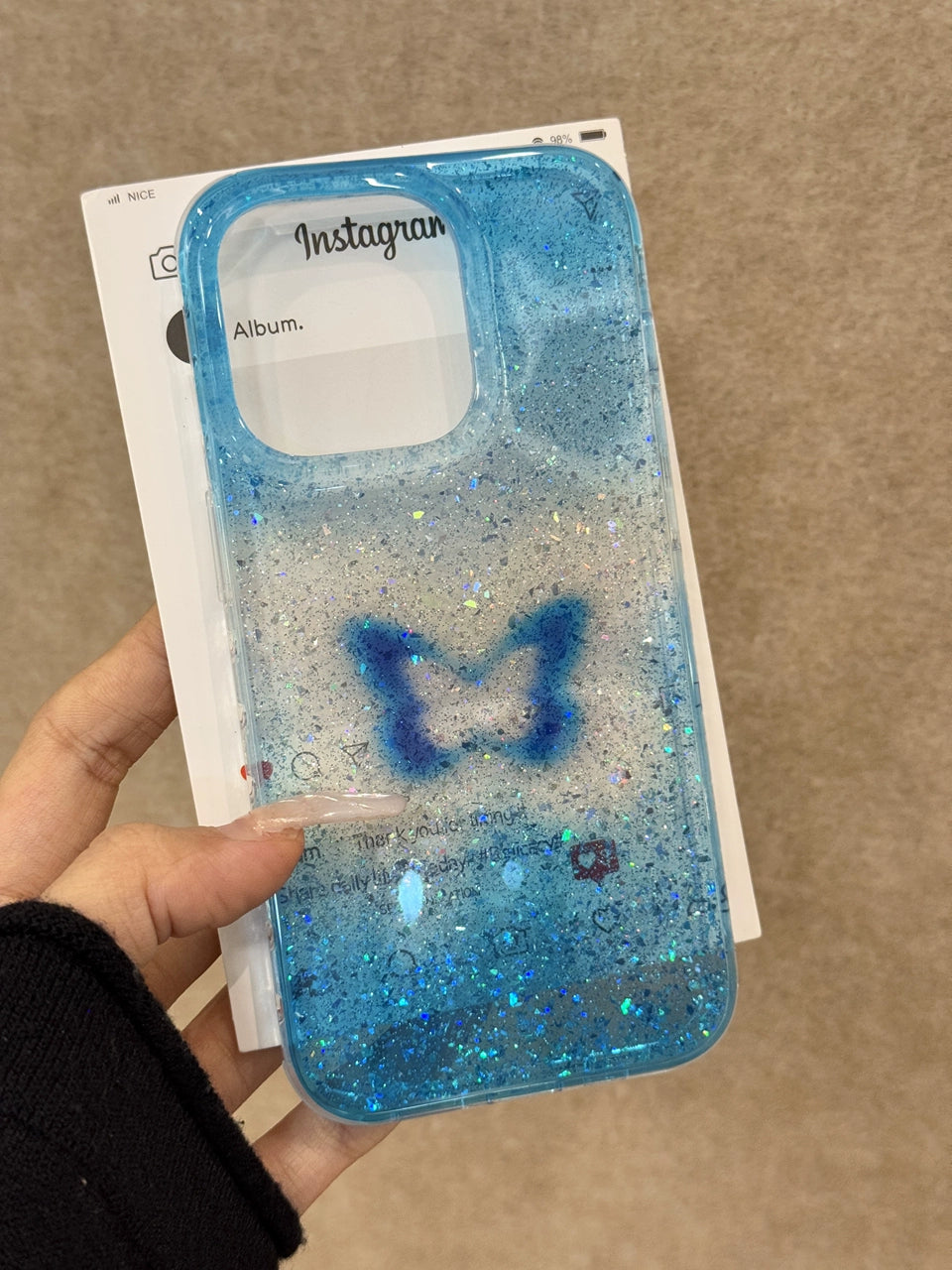 Translucent Blue Glitter Hollow Butterfly Art Aesthetic Phone Case, Soft and Sweet Girl Suitable for iPhone16 iPhone15 iPhone14 iPhone13