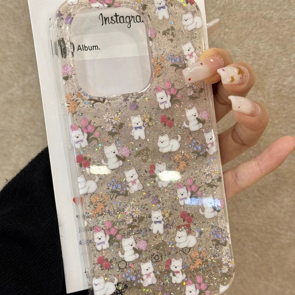 Cartoon Translucent Glitter Flower Puppy Cute Aesthetic Phone Case Suitable for iPhone16 iPhone15 iPhone14 iPhone13