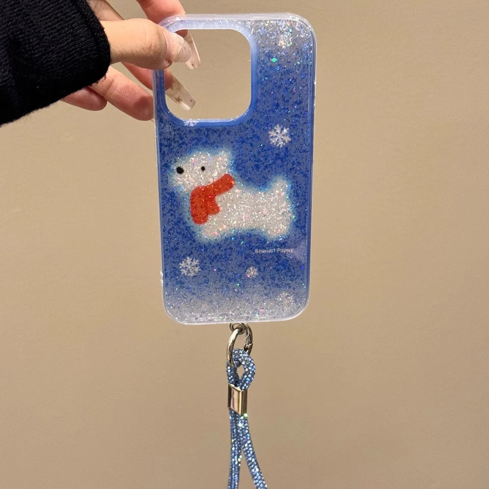 Translucent Blue Glitter Scarf  Little White Dog Cute Phone Case with Phone Chain Suitable for iPhone16 iPhone15 iPhone14 iPhone13