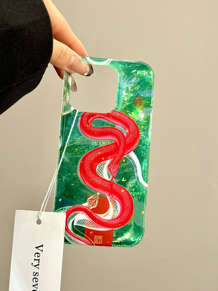 Green Bottom Red Snake Lucky Aesthetic Mobile Phone Case Tinfoil Pattern Mobile Phone Case, Suitable for Apple iPhone16promax iPhone15 iPhone14 iPhone13 Double-layer Chinese Style Spring Festival Mobile Phone Case for The Year of The Snake