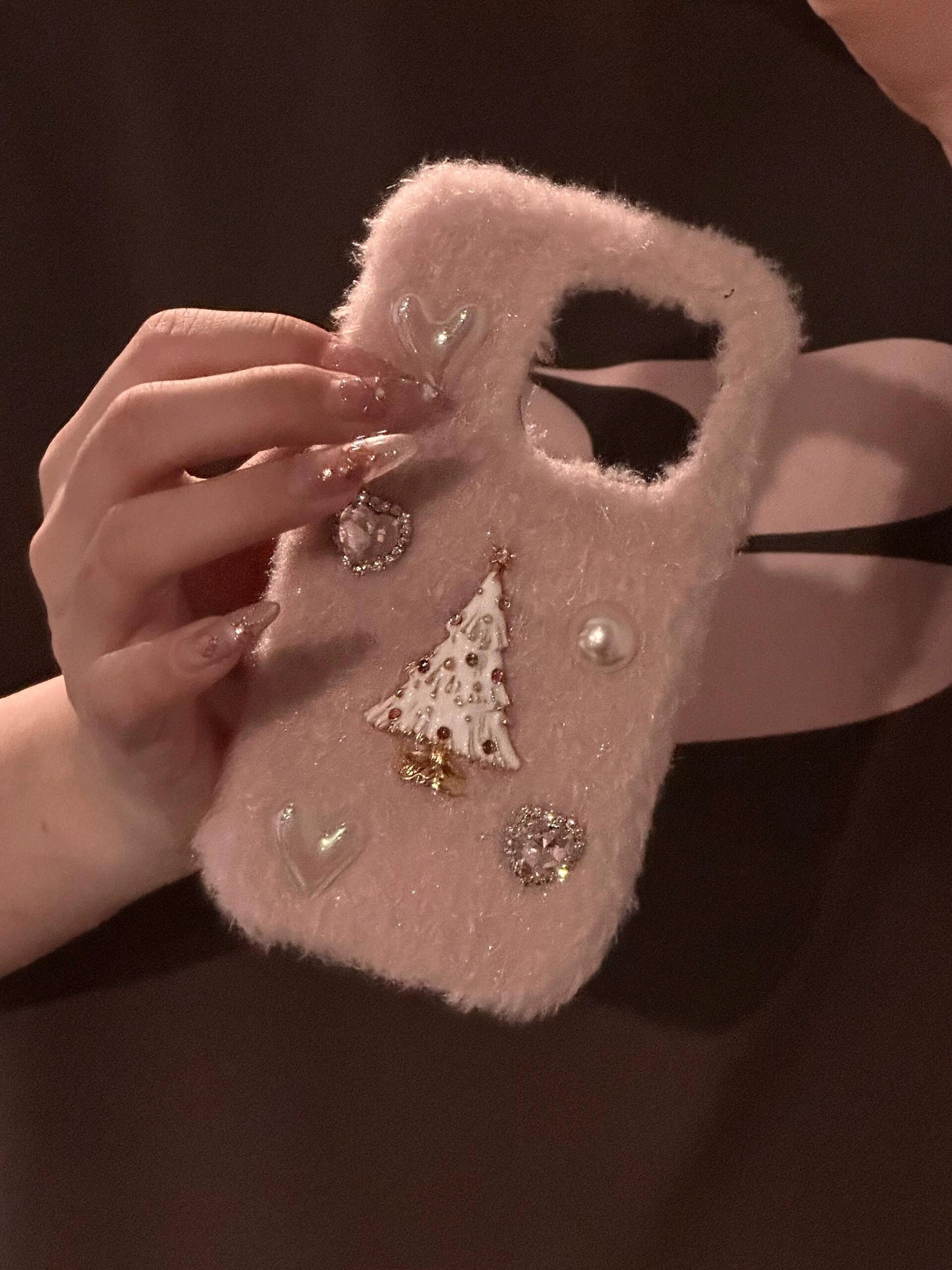 Plush Three-dimensional Flash Diamond Love Christmas Tree Pink Aesthetic Mobile Phone Case Suitable for iPhone16 iPhone15 iPhone14 iPhone13