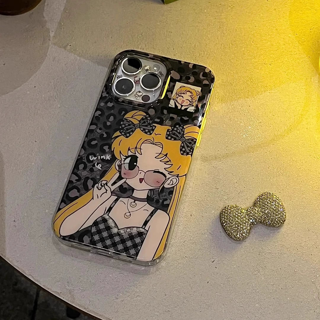 Leopard Print Three-dimensional Bow Sailor Moon Phone Case Suitable for iPhone16 iPhone15 iPhone14 iPhone13