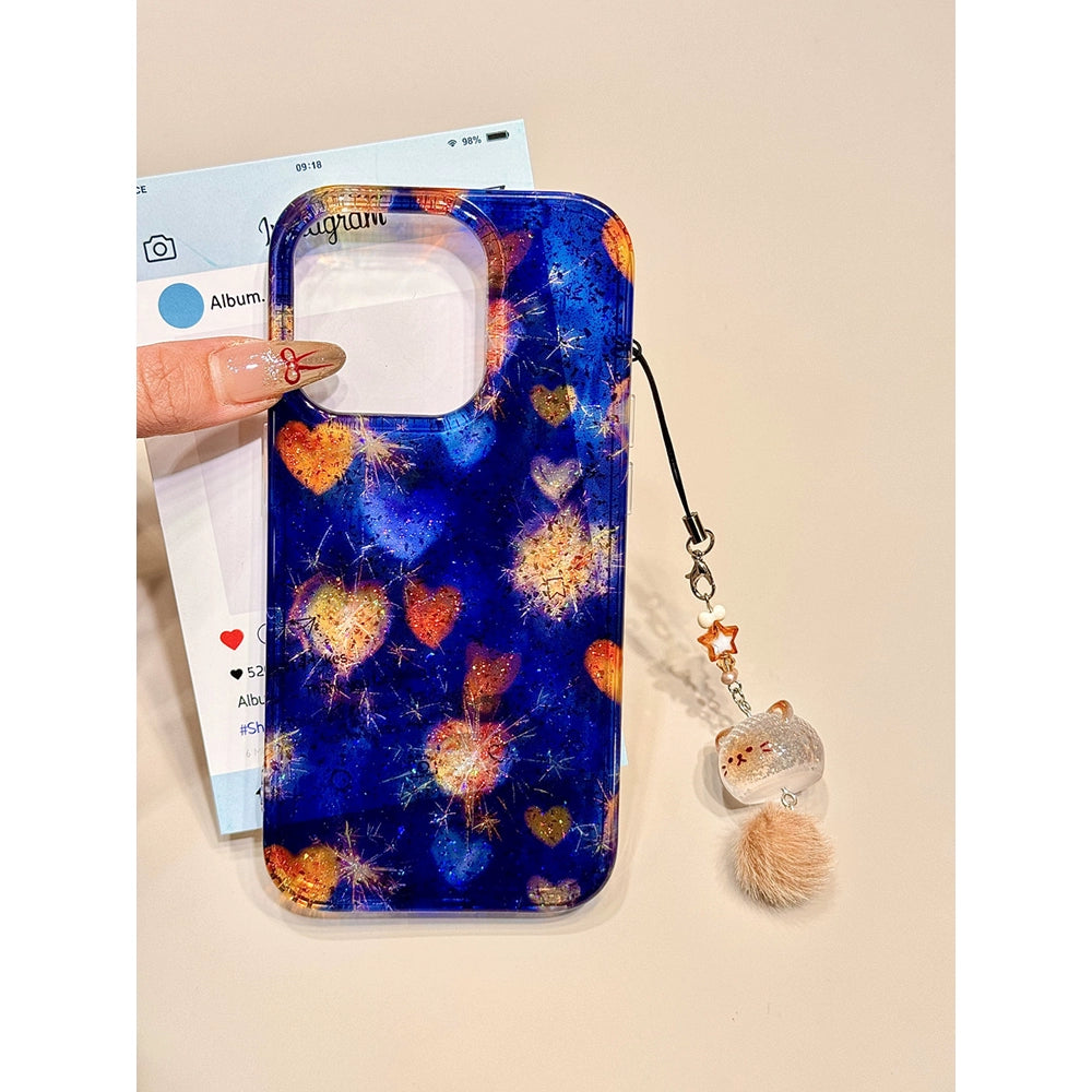 Sequin Glitter Color Love Mobile Phone Case with Mobile Phone Chain Pendant Suitable for iPhone16 iPhone15 iPhone14 iPhone13