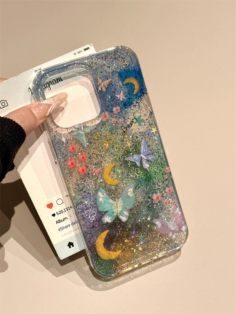 Gradual Change Color Floral Butterfly Illustration Translucent Glitter Aesthetic Mobile Phone Case Suitable for iPhone16 iPhone15 iPhone14 iPhone13