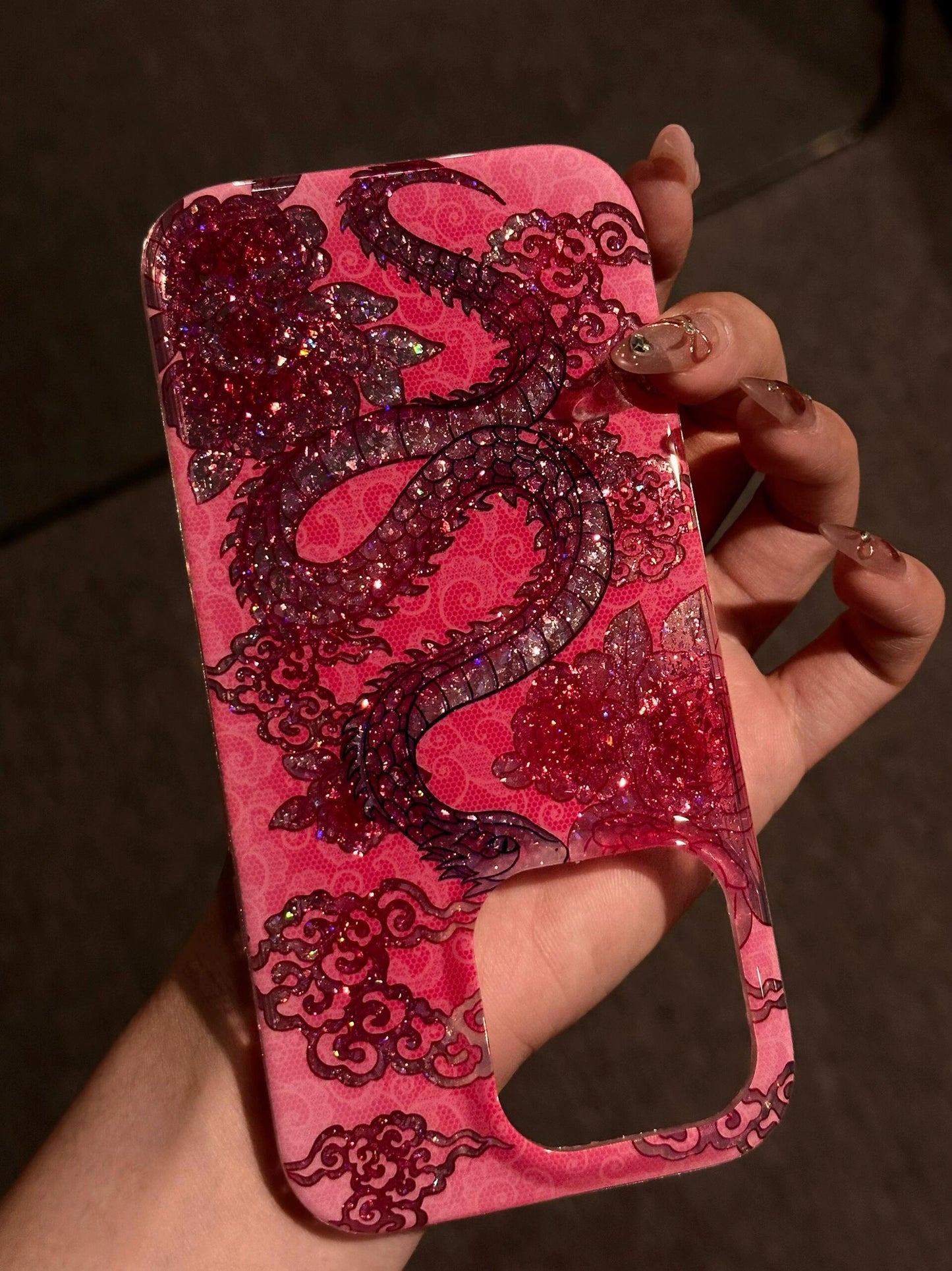 Rose Pink Background Glitter, Cloud Snake Glitter, Double-layer Aesthetic Mobile Phone Case Suitable for iPhone16 iPhone15 iPhone14 iPhone13