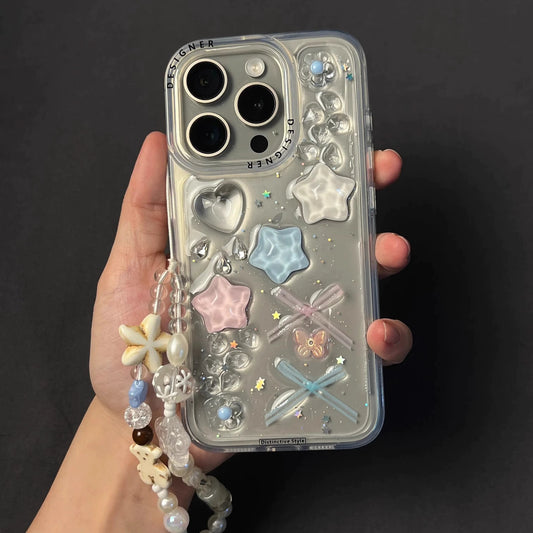 Transparent Epoxy Three-dimensional Star Bow Cute and Sweet Aesthetic Mobile Phone Case with Mobile Phone Chain Pendant Suitable for iPhone16 iPhone15 iPhone14 iPhone13