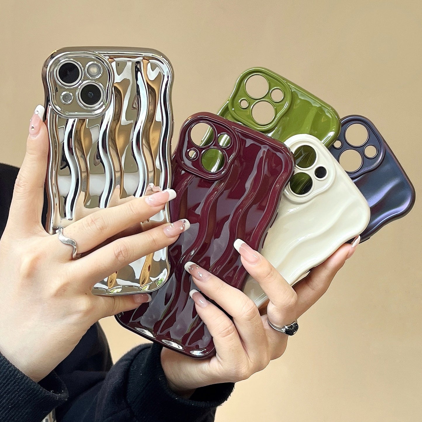 Folded Purple Wavy Aesthetic Phone Case Green Burgundy White Silver Phone Case Suitable for iPhone16 iPhone15 iPhone14 iPhone13