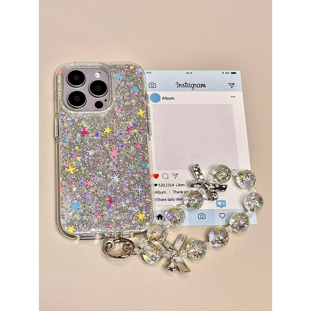 Sequin Double-layer Colored Star Bead Chain Cute Aesthetic Mobile Phone Case Suitable for iPhone16 iPhone15 iPhone14 iPhone13