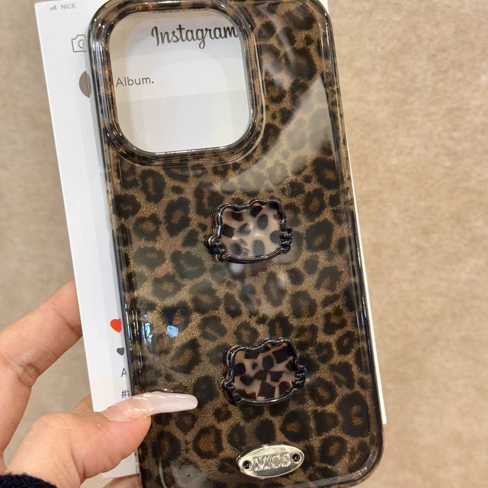 Leopard Print Cat Star Bow Three-dimensional Aesthetic Mobile Phone Case, Sexy and Sweet Girl Coquette Suitable for iPhone16 iPhone15 iPhone14 iPhone13