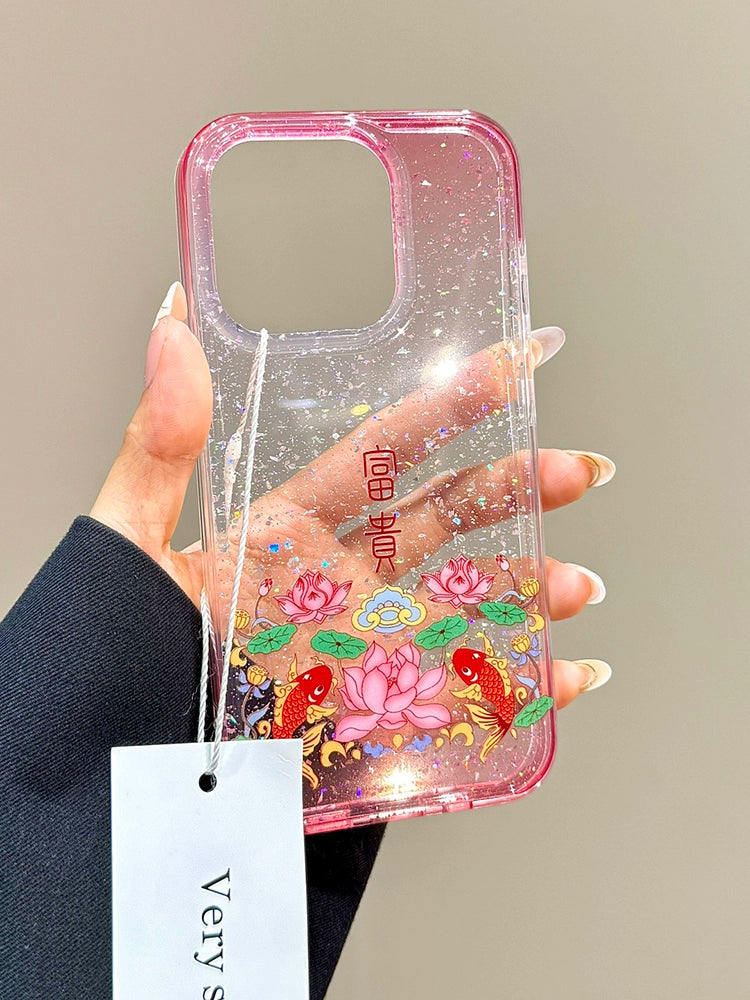 Sequined Double-layer Rich Lotus Koi Transparent Mobile Phone Case Suitable for iPhone16 iPhone15 iPhone14 iPhone13