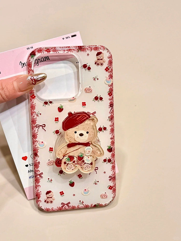 Girl Circumference Flower Strawberry Bear Holder Cute Aesthetic Phone Case Suitable for iPhone16 iPhone15 iPhone14 iPhone13