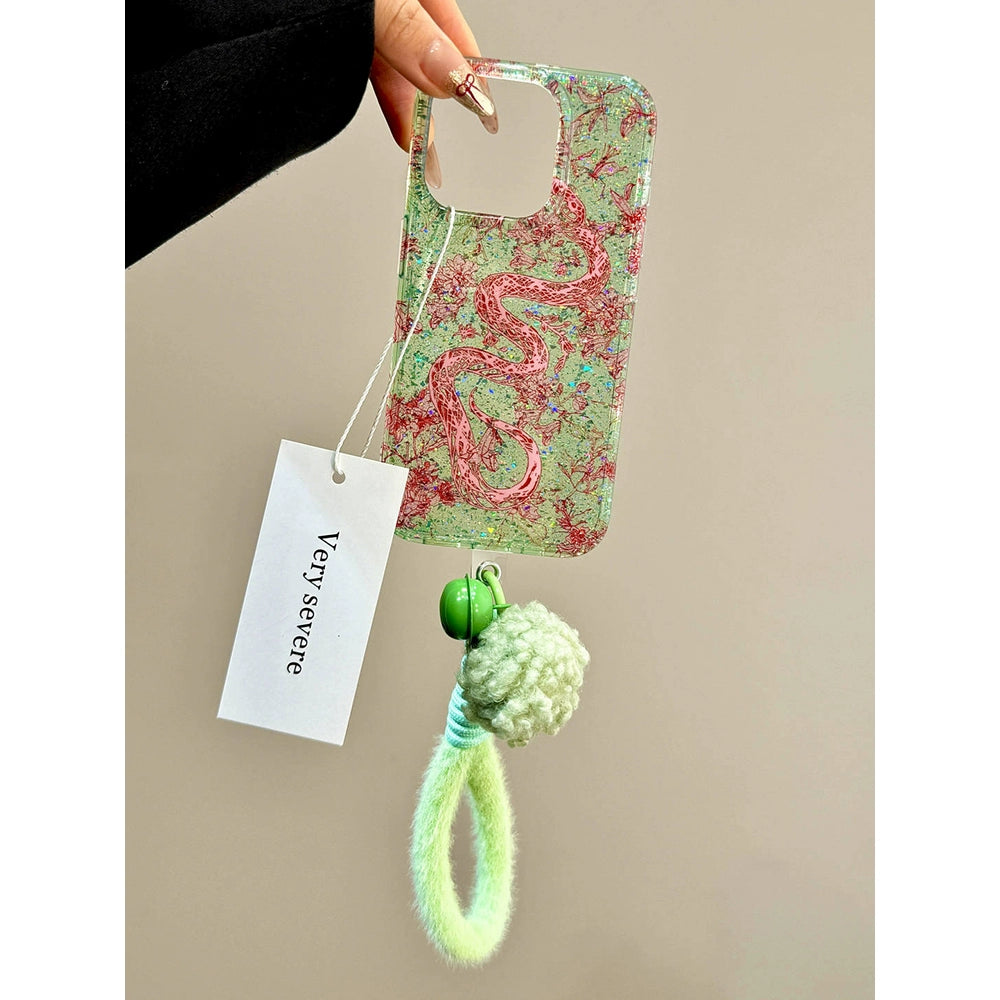 Sequined Double-layer Pink Dragon Bell Green Aesthetic Mobile Phone Case with Hand Strap Mobile Phone Chain Pendant Suitable for iPhone16 iPhone15 iPhone14 iPhone13