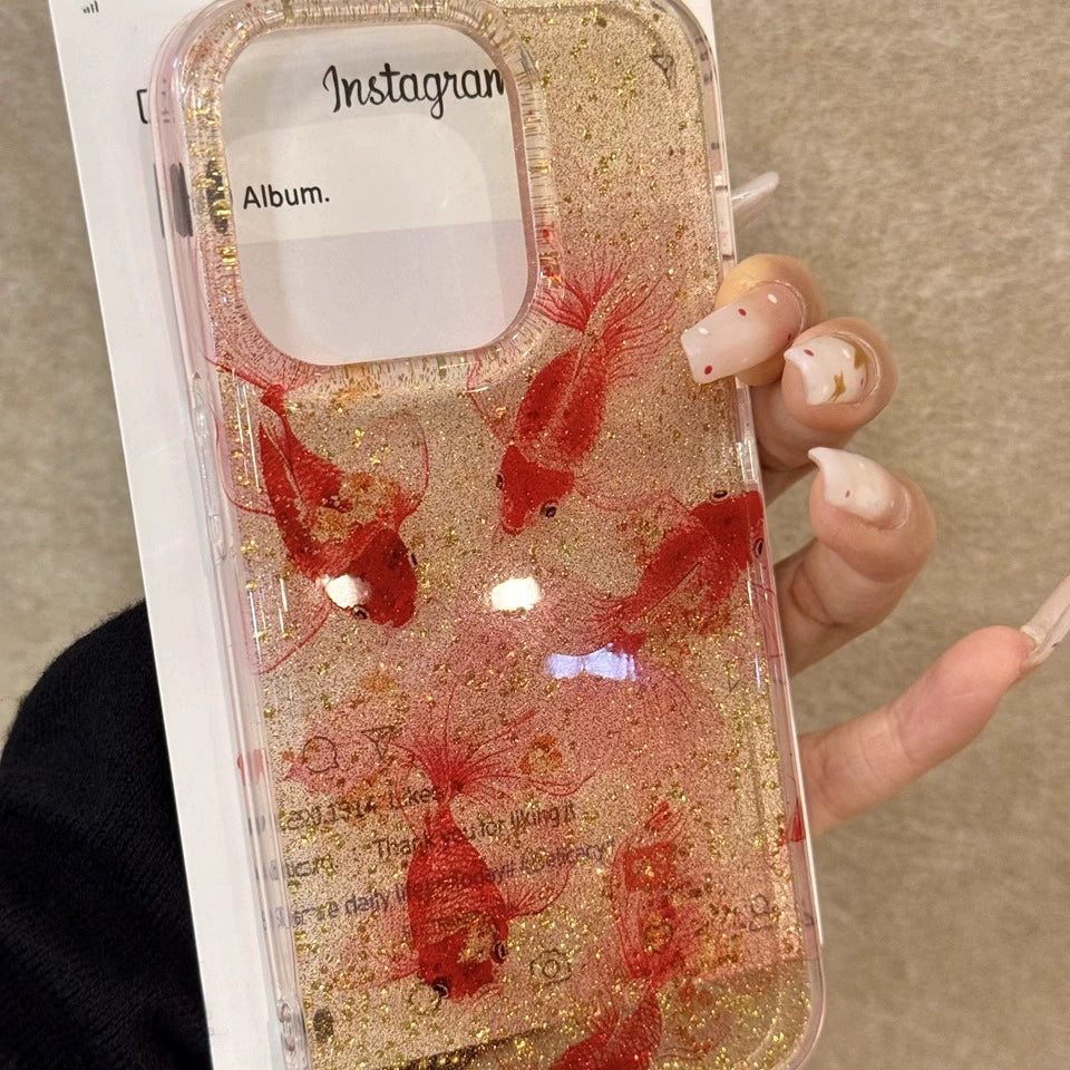 Gold Foil Glitter Smudged Koi Goldfish Lucky Phone Case Suitable for iPhone16 iPhone15 iPhone14 iPhone13