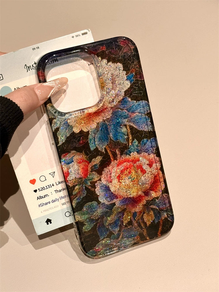 Glitter Color Flowers Illustration Retro Aesthetic Phone Case Suitable for iPhone16 iPhone15 iPhone14 iPhone13