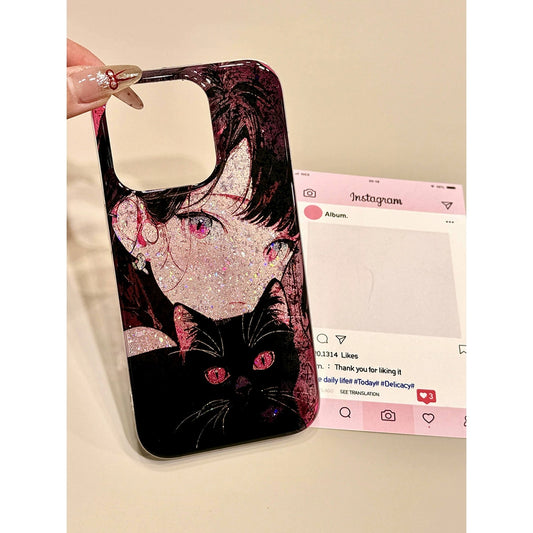 Sequin Double Layer Black Pussy Girl Cute Aesthetic Phone Case Suitable for iPhone16 iPhone15 iPhone14 iPhone13