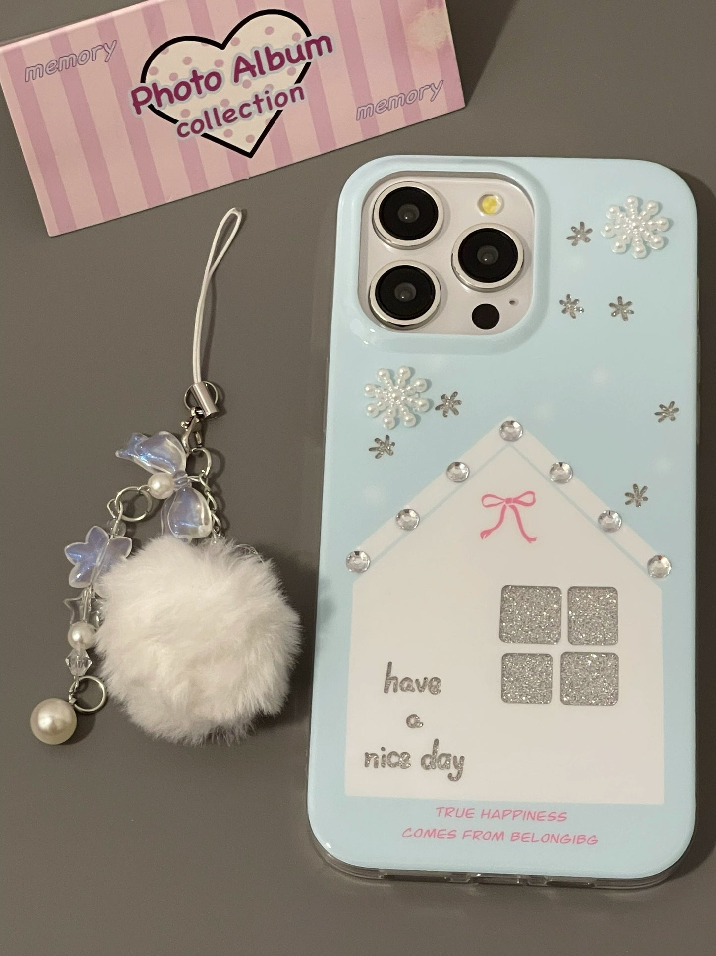 Glitter Diamond Snowflake Small House Cute Aesthetic Mobile Phone Case with Mobile Phone Chain Pendant Suitable for iPhone16 iPhone15 iPhone14 iPhone13