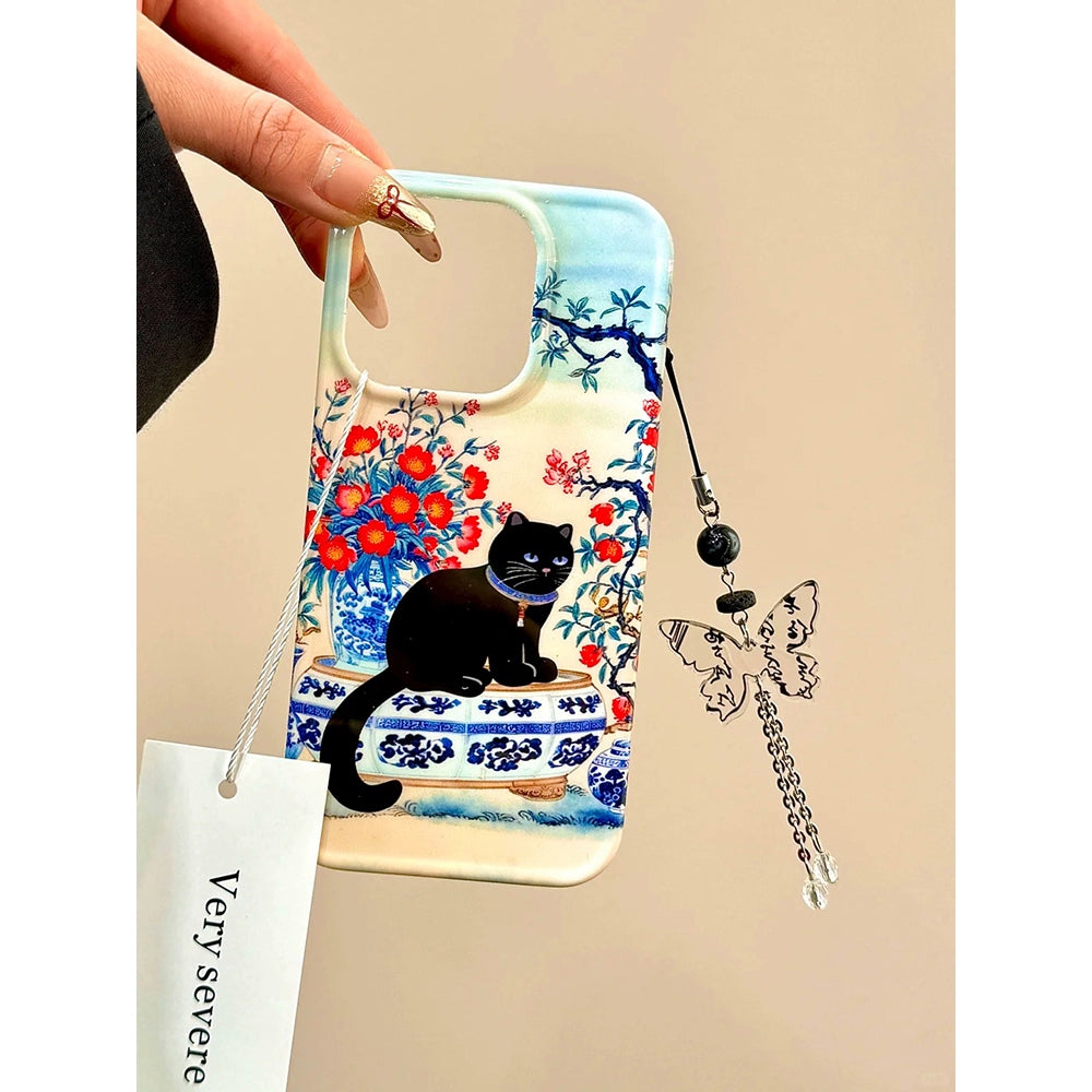 Blue and White Porcelain Red Flower Black Cat Lucky Aesthetic Mobile Phone Case with Mobile Phone Chain Pendant Suitable for iPhone16 iPhone15 iPhone14 iPhone13