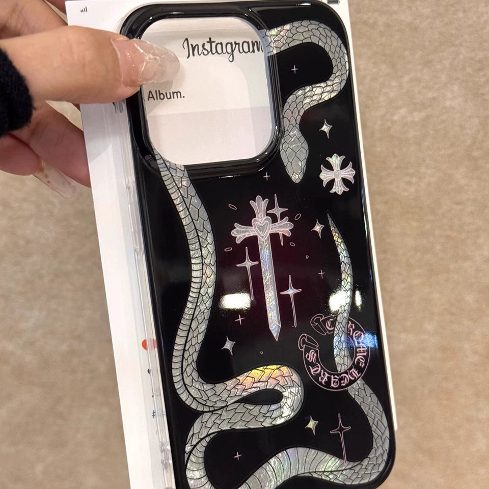 Hollow Cross Line Silver Snake Aesthetic Cool Girl Phone Case Suitable for iPhone16 iPhone15 iPhone14 iPhone13