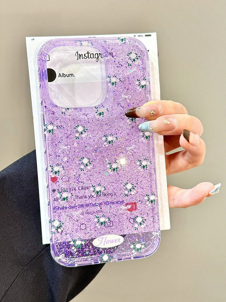 Glitter Translucent Flower Purple Aesthetic Mobile Phone Case with Mobile Phone Chain Pendant, Hand Carry Bead Chain Suitable for iPhone16 iPhone15 iPhone14 iPhone13