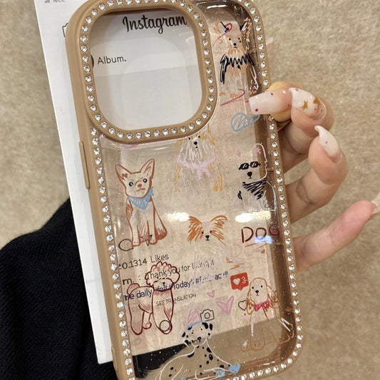 Brown Graffiti Dog Stick Figure Sketch Line Dog Diamond Edge Cute Phone Case Suitable for iPhone16 iPhone15 iPhone14 iPhone13