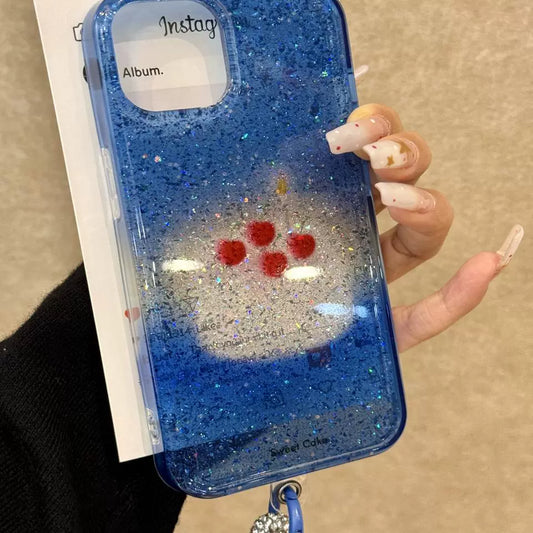 Translucent Cherry Cake Blue Bottom Glitter Shiny Aesthetic Mobile Phone Case with Mobile Phone Chain Pendant Suitable for iPhone16 iPhone15 iPhone14 iPhone13