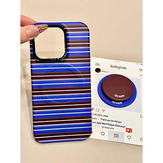 Blue Brown Striped Magnetic Bracket Mobile Phone Case Suitable for iPhone16 iPhone15 iPhone14 iPhone13