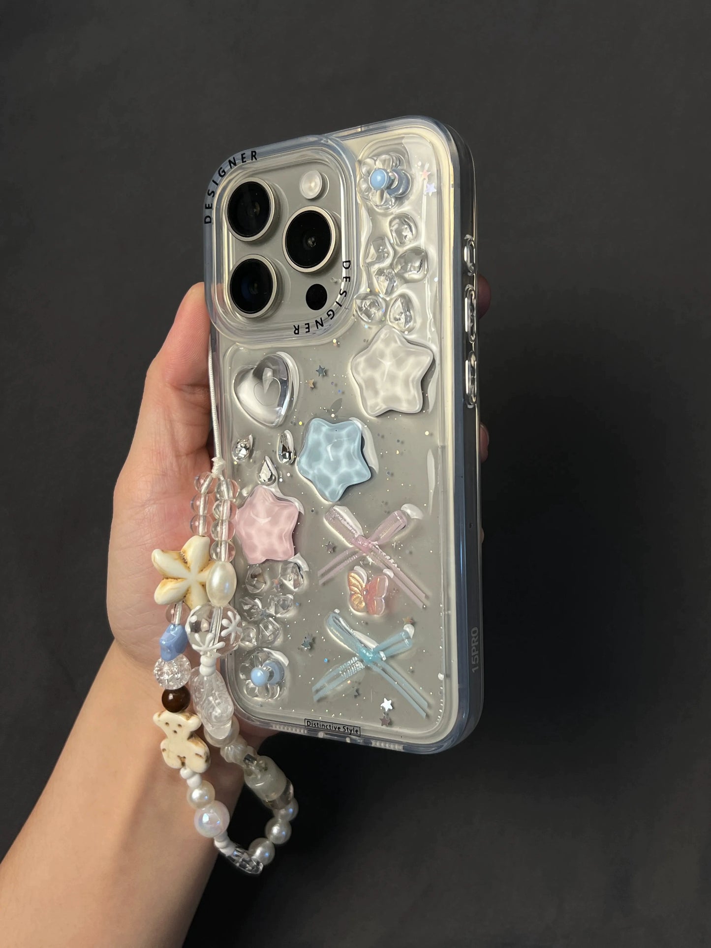 Transparent Epoxy Three-dimensional Star Bow Cute and Sweet Aesthetic Mobile Phone Case with Mobile Phone Chain Pendant Suitable for iPhone16 iPhone15 iPhone14 iPhone13