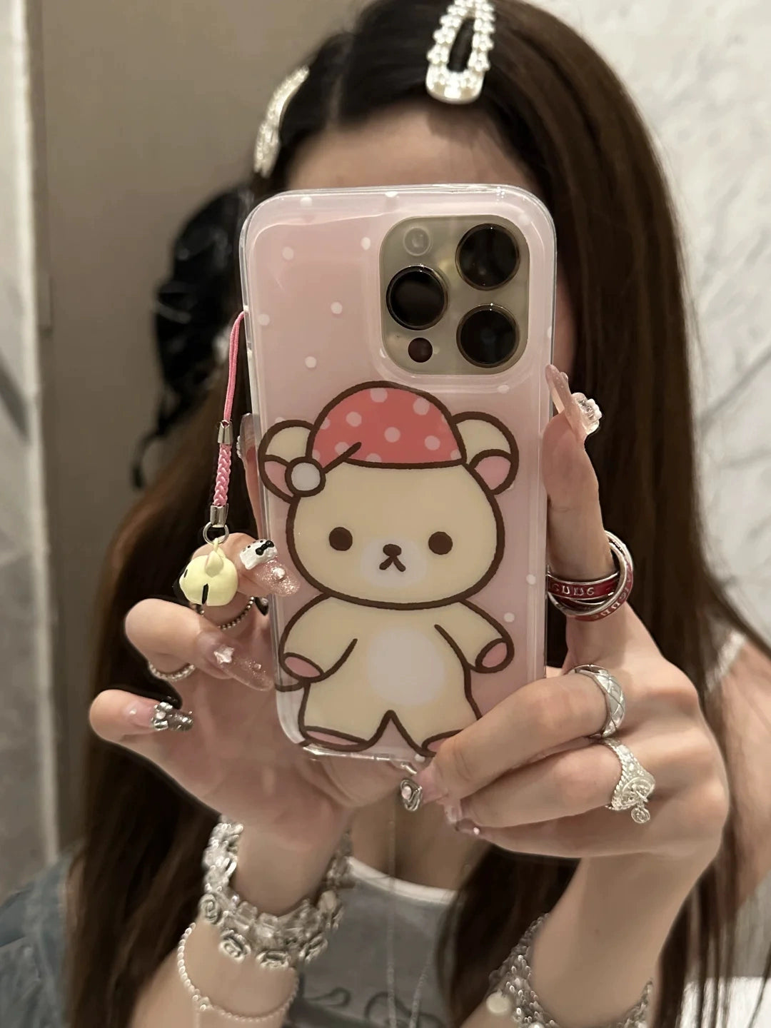 Cute Cartoon Bear Yellow Pink Mobile Phone Case with Mobile Phone Rope Bell Pendant Suitable for iPhone16 iPhone15 iPhone14 iPhone13