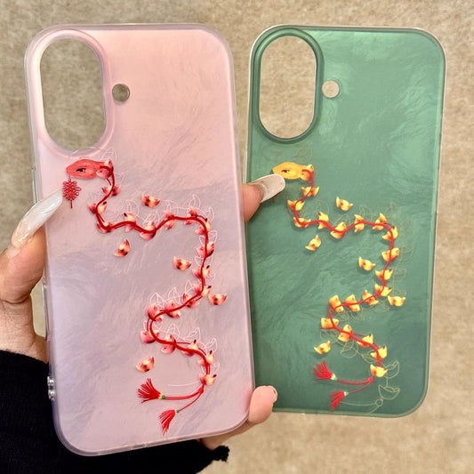 Chinese Style Lucky Character Ingot Snake Pink Green Good Luck Fortune Mobile Phone Case Suitable for iPhone16 iPhone15 iPhone14 iPhone13