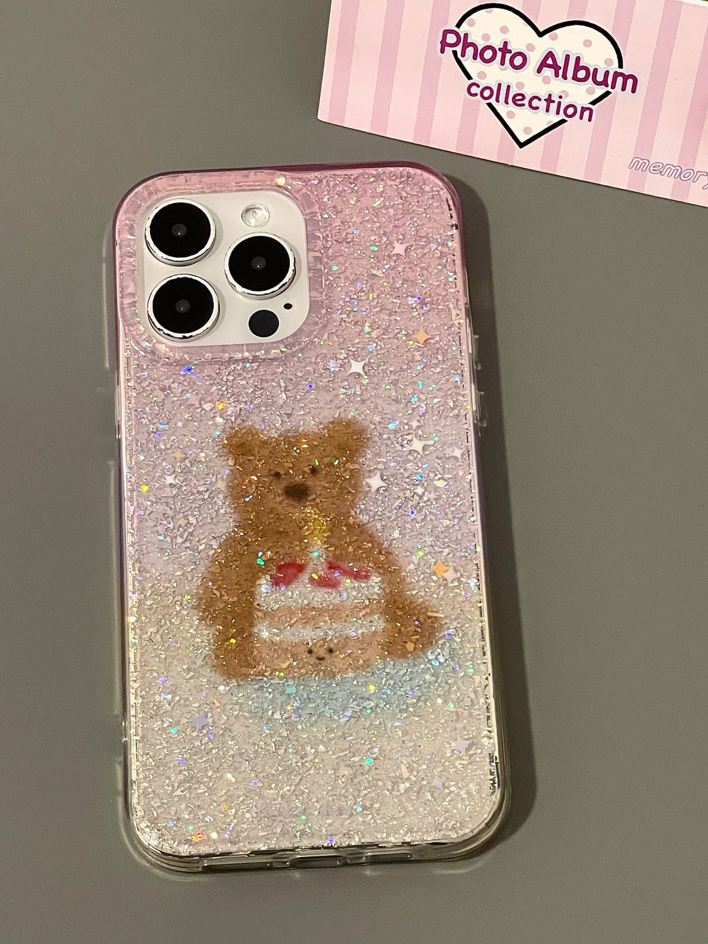 Pink Gradual Change Glitter Bear Cake Cute Aesthetic Phone Case, Soft and Sweet Girl Suitable for iPhone16 iPhone15 iPhone14 iPhone13