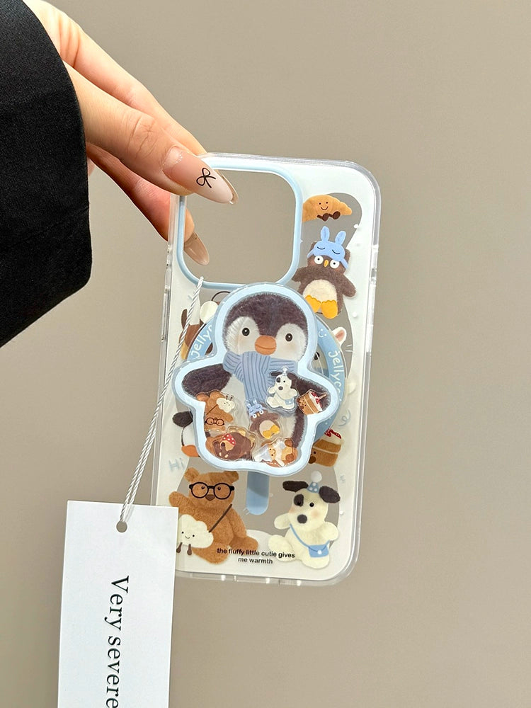 Cute Little Animal Penguin Mobile Magnetic Bracket Mobile Phone Case Suitable for iPhone16 iPhone15 iPhone14 iPhone13