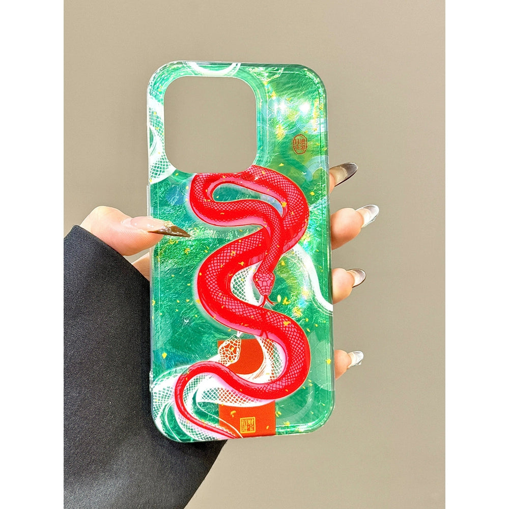 Green Bottom Red Snake Lucky Aesthetic Mobile Phone Case Tinfoil Pattern Mobile Phone Case, Suitable for Apple iPhone16promax iPhone15 iPhone14 iPhone13 Double-layer Chinese Style Spring Festival Mobile Phone Case for The Year of The Snake