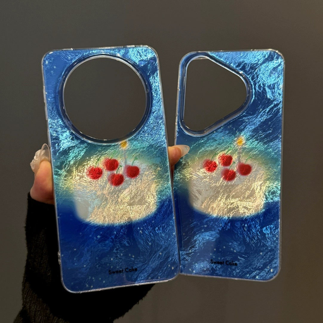 Blue Graffiti Oil Painting Cherry Cake Aesthetic Mobile Phone Case, Suitable for Huawei Mate60pro New Pura70 Anti-drop