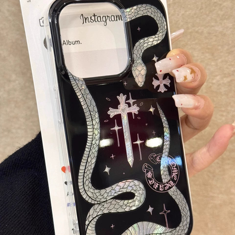 Hollow Cross Line Silver Snake Aesthetic Cool Girl Phone Case Suitable for iPhone16 iPhone15 iPhone14 iPhone13