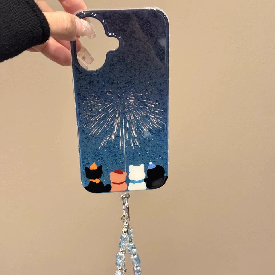 Deep Blue Beautiful Fireworks Cat Cute Back Aesthetic Mobile Phone Case Suitable for iPhone16 iPhone15 iPhone14 iPhone13 with Phone Chain