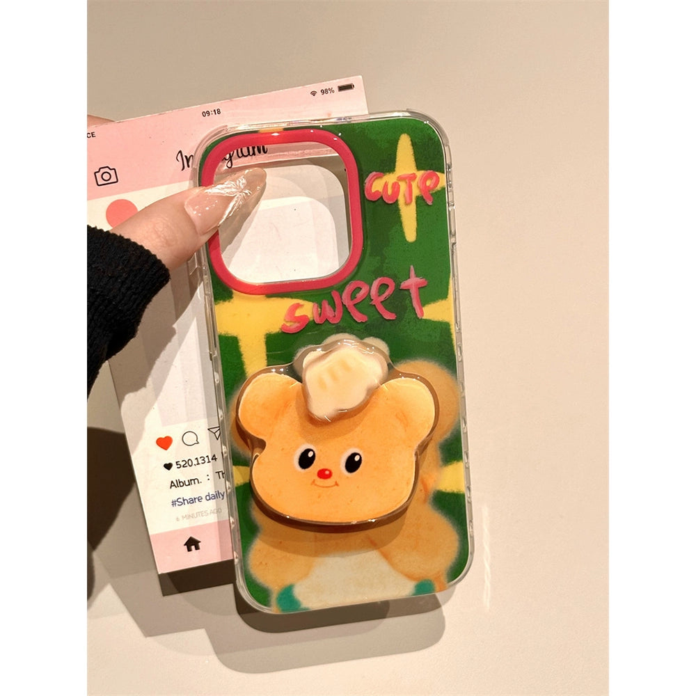 Cartoon Green Background Yellow Bear Illustration Cute Phone Case Suitable for iPhone16 iPhone15 iPhone14 iPhone13